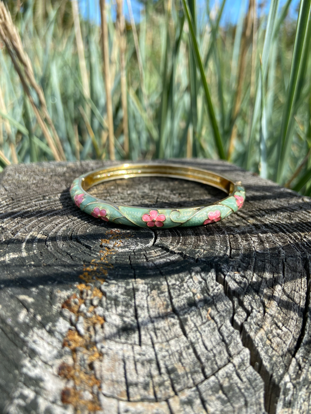 Gold Tone Green and Pink Enamel Spring Hinge Bangle