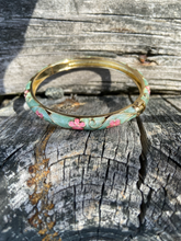 Load image into Gallery viewer, Gold Tone Green and Pink Enamel Spring Hinge Bangle
