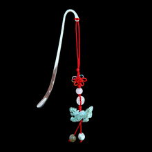 Load image into Gallery viewer, Silver Plated Hook Bookmark with Hanging Jade Dragon
